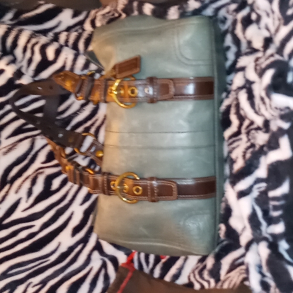 Coach teal with brown buckle straps.  Has dust bag.  Used a couple of times.